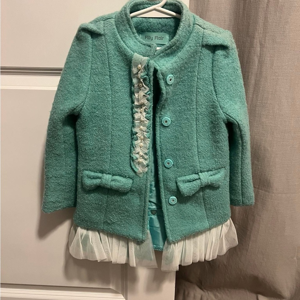 Filly Flair Kids Aqua Pea Coat with Ruffle and Bow